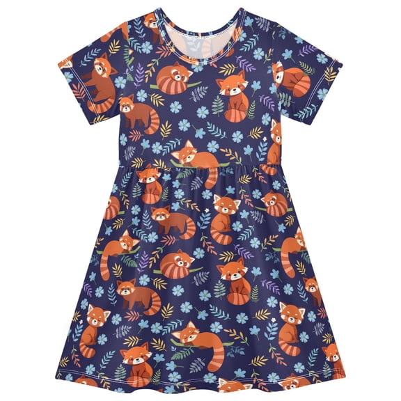 FORMRS Girls Short Sleeve Dress Summer Casual Round Neck A-line Beach Sundress, Sizes 2T-8T, Red Panda Pattern