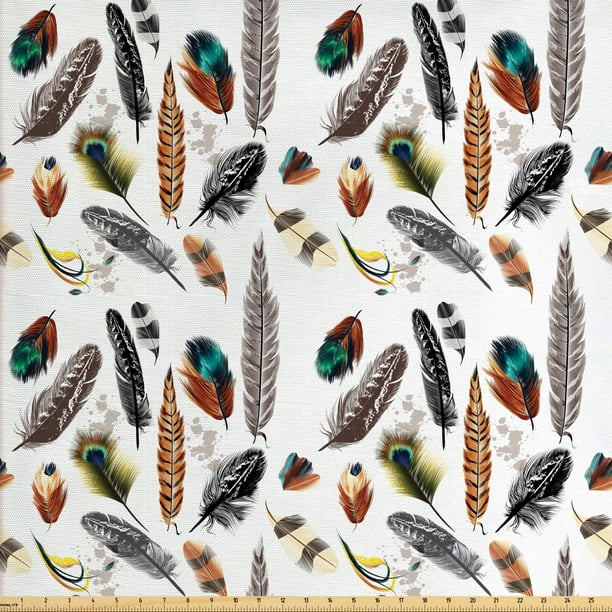 Feathers Fabric by The Yard, Arrangement of Types of Feathers in Vivid Tones with Grey Splashes