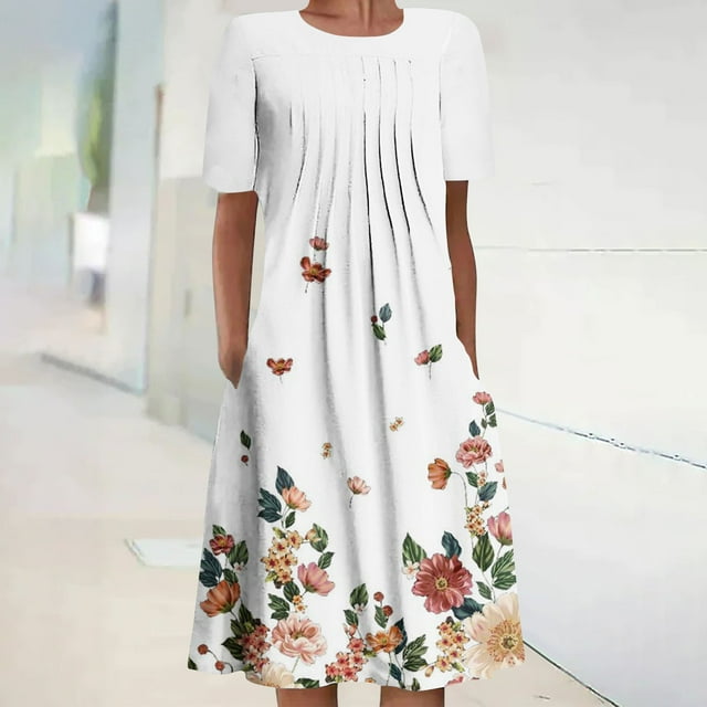 Robe Maxi pour Femmes Été Bohème à Imprimé à Manches Courtes Robe de Plage Robe Longueur Genou Robe à Manches Courtes en Liquidation