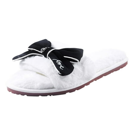 

slipper for Women Home Bow Keep Slippers Slip On Warm Furry Toe Shoes Home Plush Flat Open Women Women s Slipper Flock Dress Sandals for Women Navy