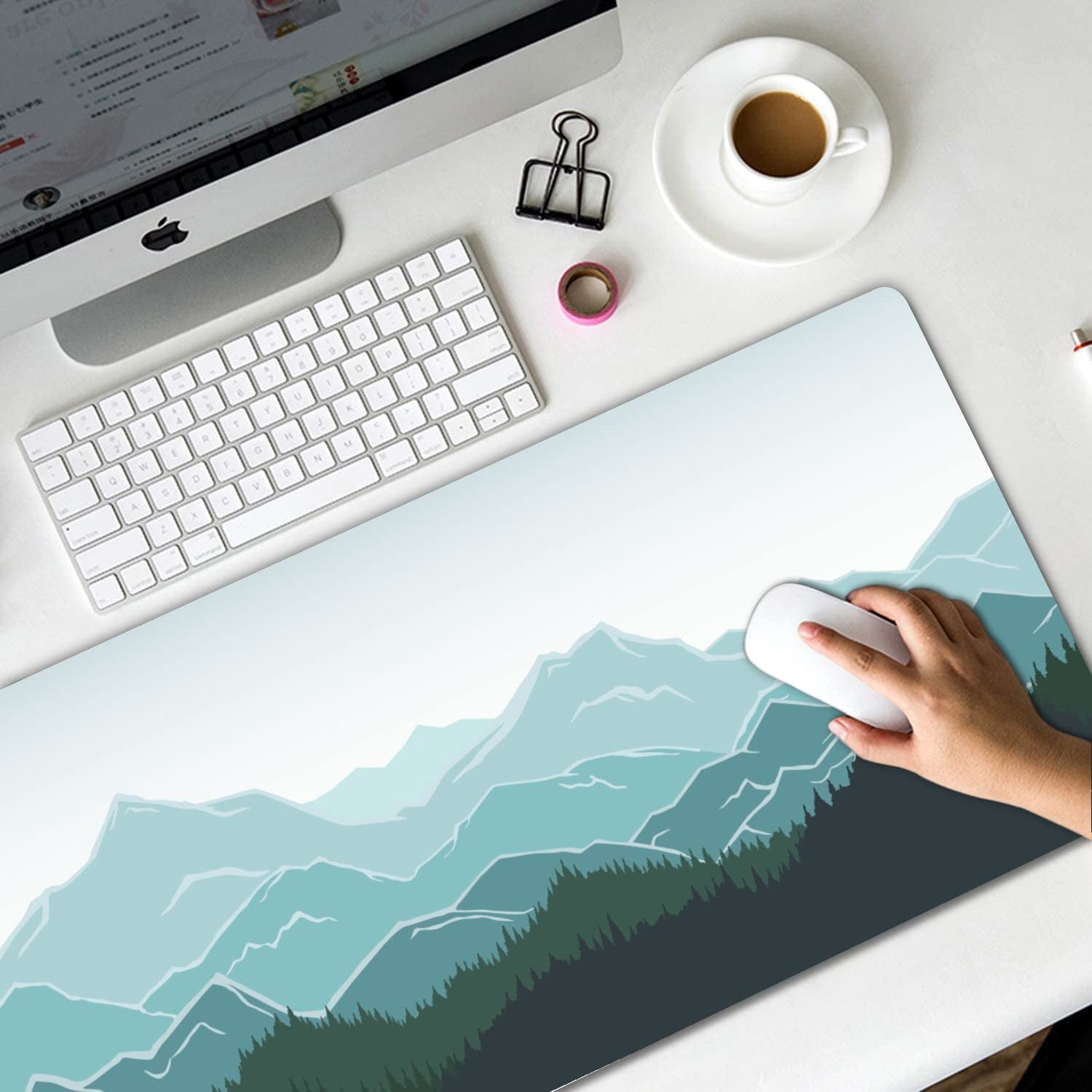 Extended Gaming Mouse Pad (31.5x11.8 in), Large Non-Slip Rubber Base Mousepad,Waterproof Keyboard Mouse Mat Desk Pad for Work, Game, Office, Home - Mountains and Forest Pattern Watercolor