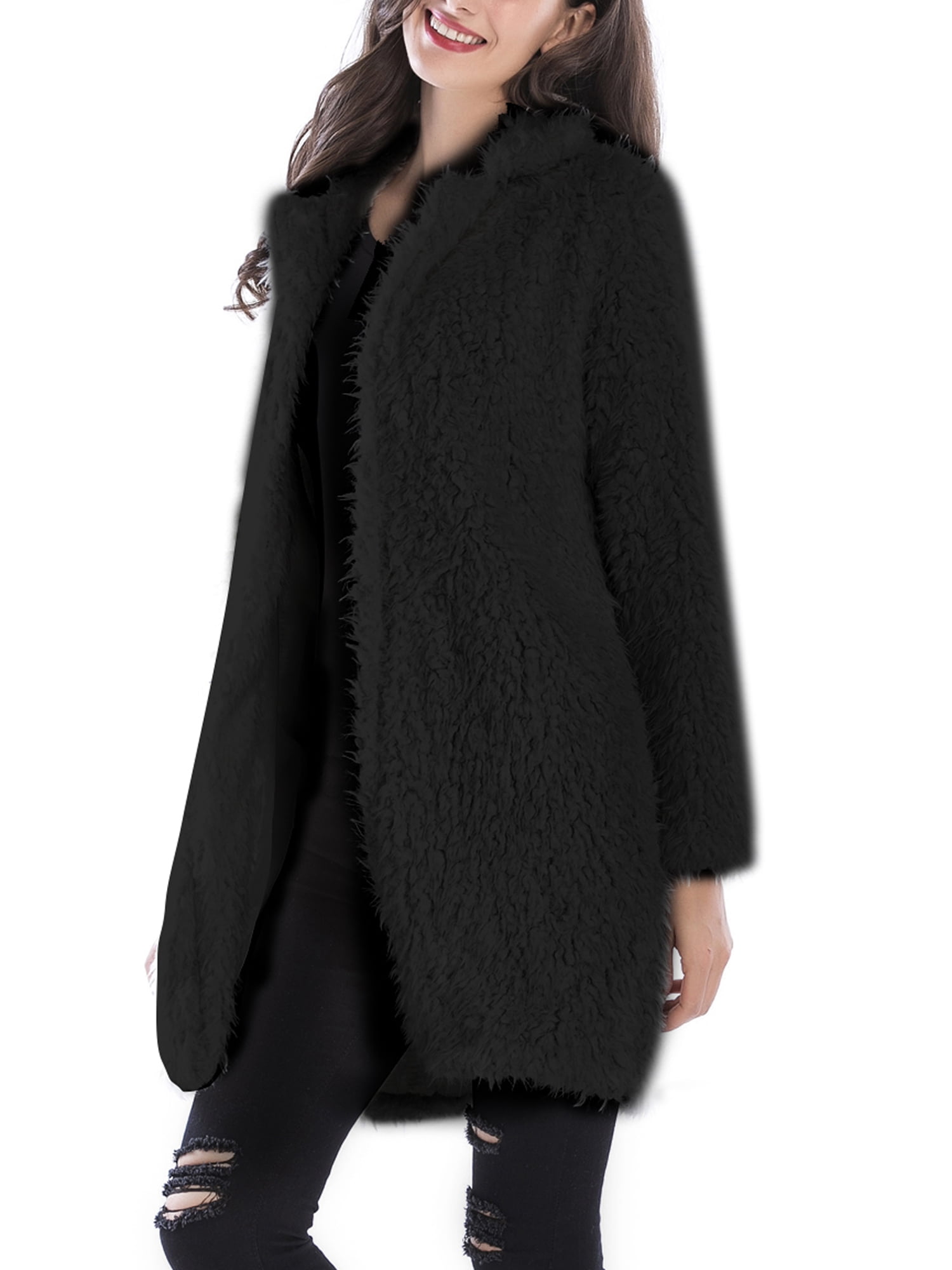 Womens Coat Warm Fuzzy Fleece Long Faux Fur Winter Outwear Cardigan