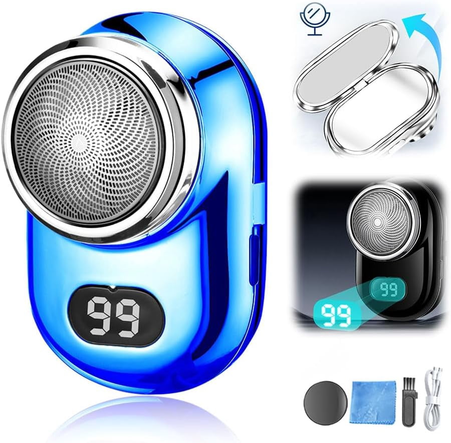 Mini Electric Shaver, 2024 New Fast Charging Digital Display Mini Shaver Portable Electric Shaver Electric Razor for Men with Mirror, USB Rechargeable Waterproof Shaver Electric Beard Trimmer (Blue)