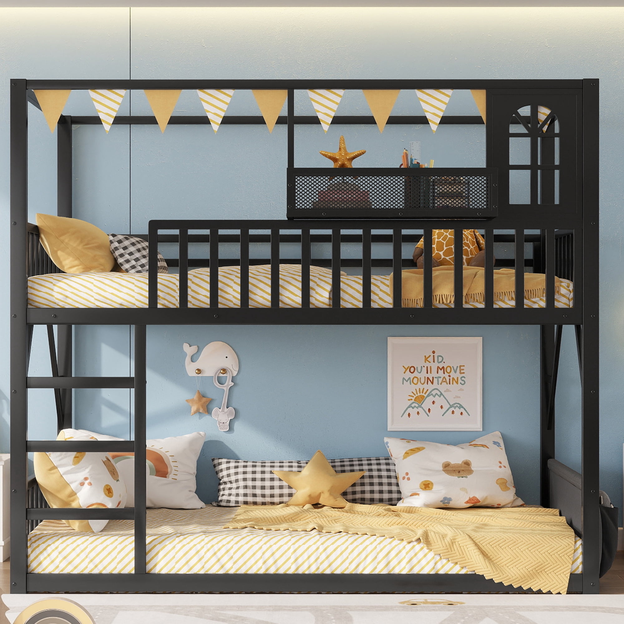 HOQBN Floor Bunk Bed Twin Over Twin,Metal Low Bunk Bed Frame with Storage Shelves and Storage Bag,Black