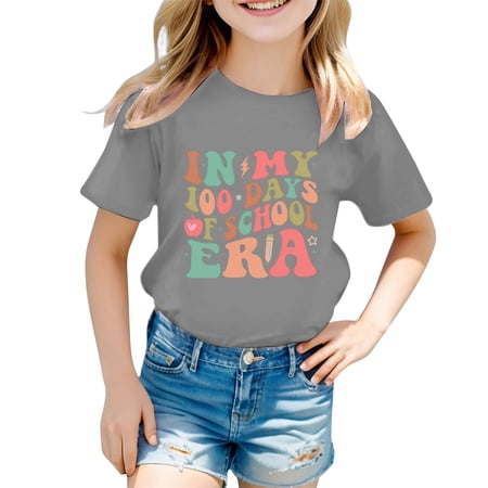 Bjutir Toddler Girls Tops Summer Letter Print Short Sleeve Crew Neck Tees Breathable Girl Shirt Size 2-3 Years Grey