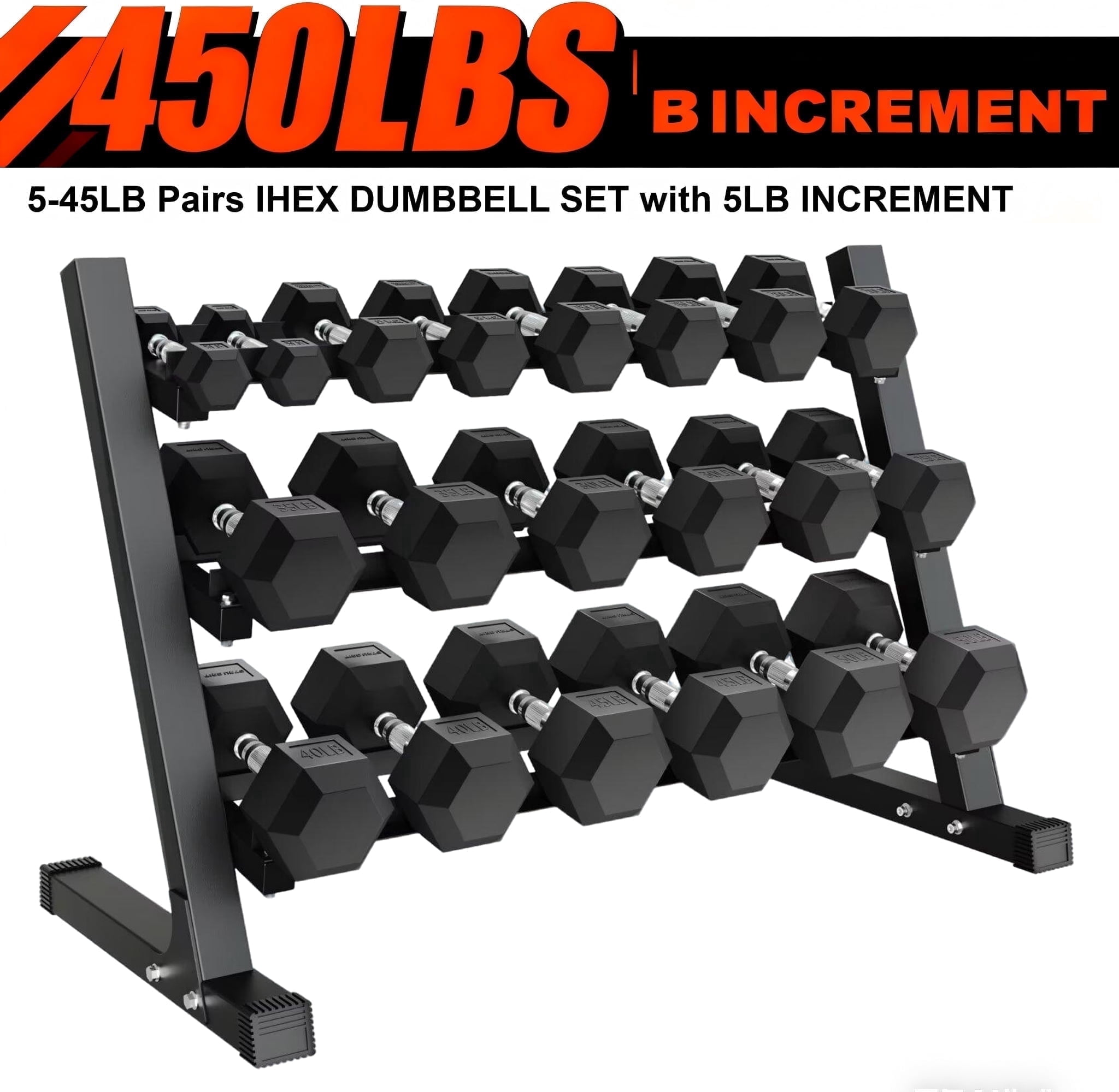 MITONOS 450lbs Dumbbell Sets with Rack, Rubber Hex Dumbbells, Free Weight set for Home Gym, Hand Weights with Chrome Handle for Strength Training