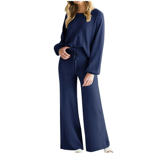 PEZHADA Économies d'Automne Femmes Ensemble 2 Pcs Survêtement Grande Taille Col Rond Manches Longues Chandail Taille Haute à Cordon Pantalon de Survêtement Jambe Grand Ensemble Détente Survêtement Bleu