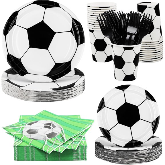 Elcoho 144 Pieces Soccer Party Supplies Football Paper Plates and Napkins Set Serve 24 Includes 7 & 9 Inch Disposable Plates 9oz Cups Napkins Black Plastic Forks for Birthday Buffet