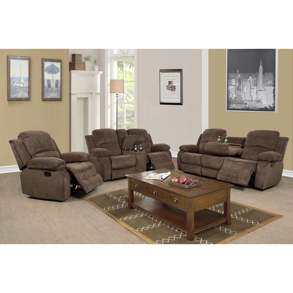Maykoosh Global Glam Furniture Sectional Recliner Sofa Set Corduroy 3 Pcs Motion Sofa Loveseat Recliner Couch Manual Reclining Chair With Drop Down Table & Central Console For Living Room (Brown)