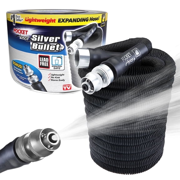 Pocket Hose Original Silver Bullet - Expandable Garden Hose That Grows with Lead-Free Aluminum Connectors - Safe Drinking Water Hose
