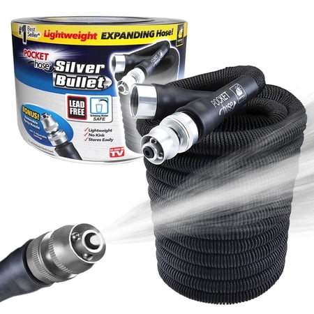 Pocket Hose 75 FT Silver Bullet with Turbo Shot Nozzle Multiple Spray Patterns Expandable Garden Hose 3/4 in Solid Aluminum Fittings Lightweight and No-Kink