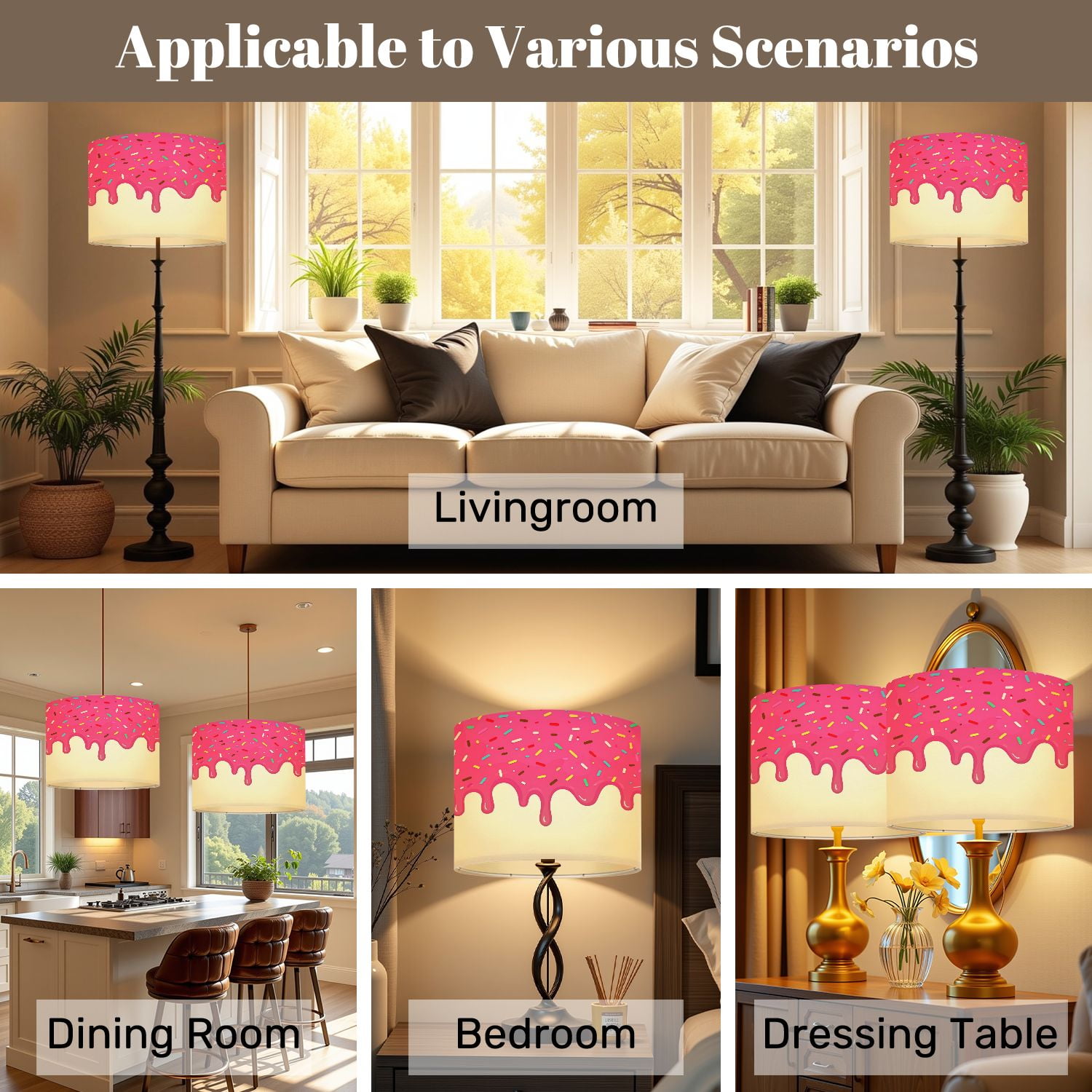 Boho Lampshades 2 Pack Pink ice cream melted colorful cute candy sprinkles long border 13"x13"x10" Light Shade for Table Lamps Floor Lamps Drum Lamp Shades Lampshade Replacement Easy Assembly