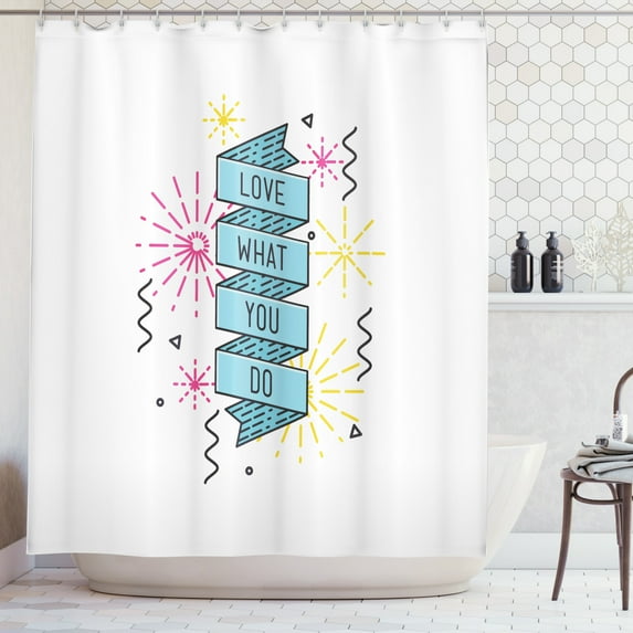 Love What You Do Shower Curtain, Motivational Arrangement with Dashed Starburst Effect, Fabric Bathroom Set with Hooks, 69W X 75L Inches Long, Magenta Blue Yellow and Black, by Ambesonne