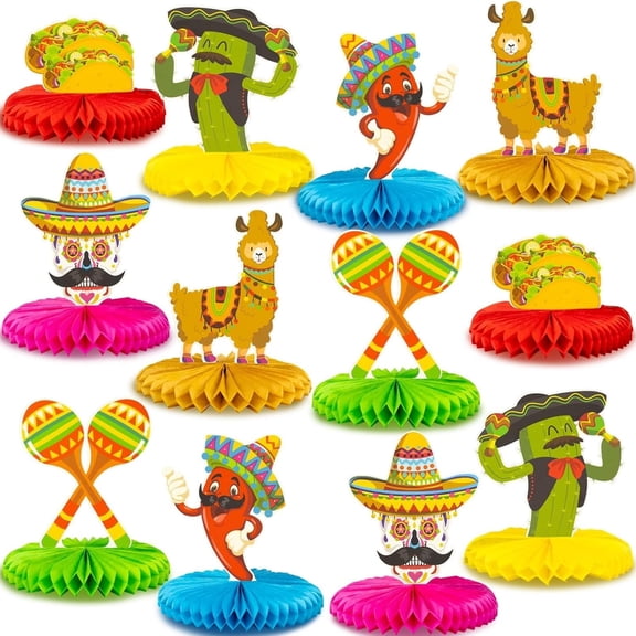 OuMuaMua Fiesta Honeycomb Centerpiece, 12 pcs 8 inch Paper Table Decor for Cinco De Mayo, Taco, Day of the Dead Birthday Events
