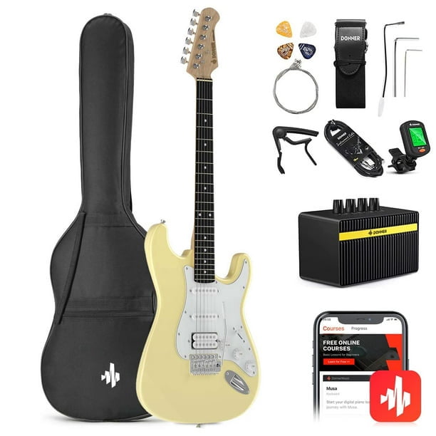 Donner Kit de guitare électrique 39 pouces jaune pour débutant avec  amplificateur HSS Pick Up et tous les accessoires Son propre Design bien  construit Corps solide Facile à utiliser à la maison