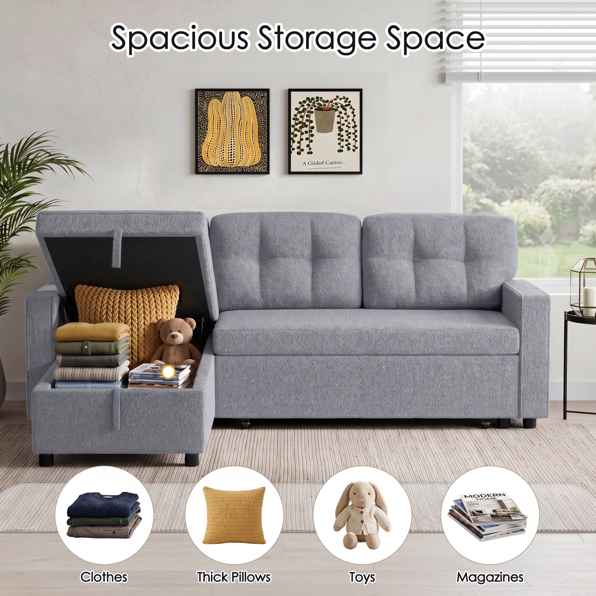 avobird 82" L Shaped Sleeper Sofa Bed, 3-Seat Convertible Sectional Couches with Storage Chaise, Terry Cloth Pull Out Couch for Living Rooms, Apartment, Light Gray