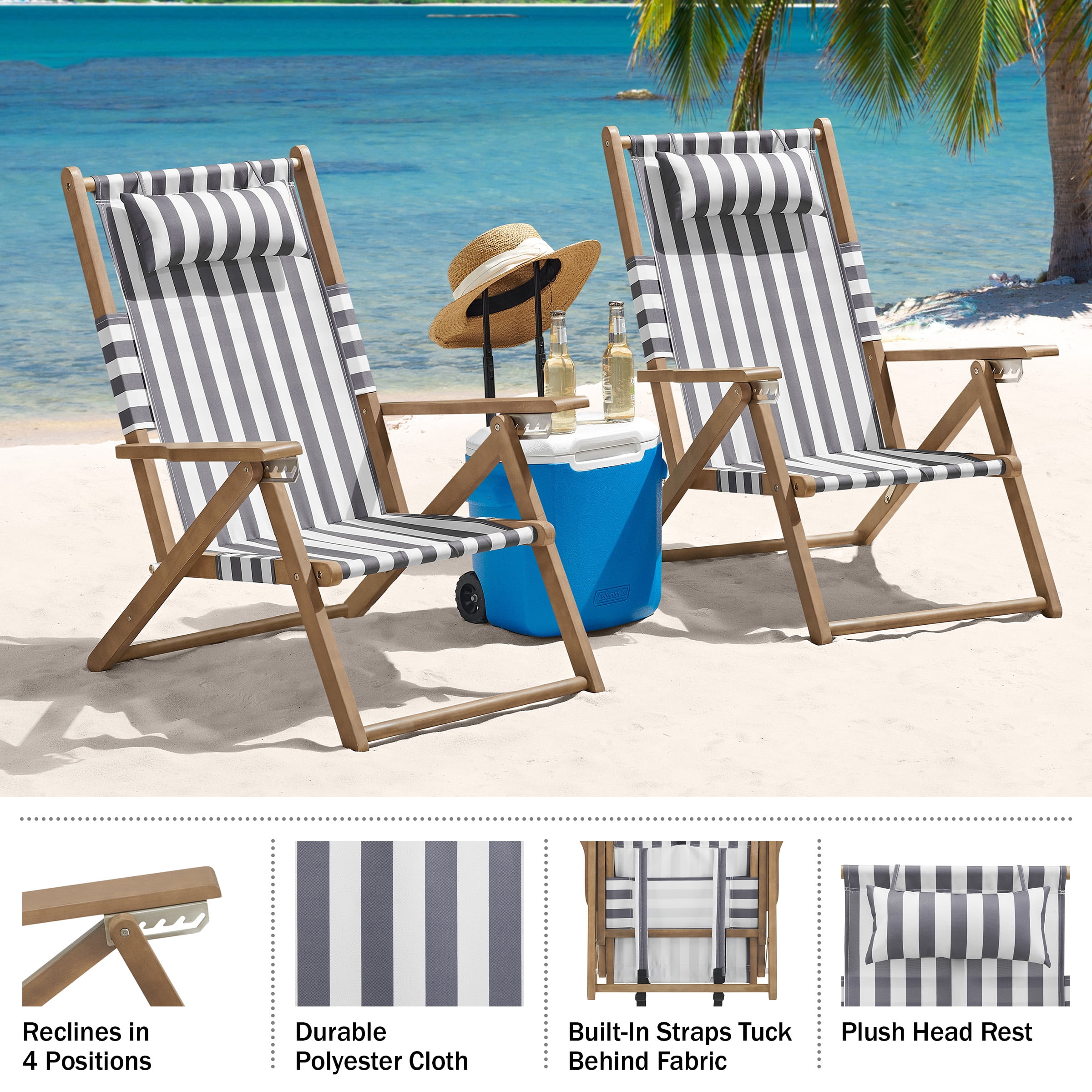 Lavish Home Set of 2 Folding Beach Chairs – 4-Position Recliners with Carry Straps, Gray Stripe