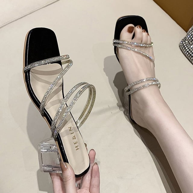 LSLJS Mode Décontractée pour Femmes, Sandales à Talons Carrés avec Strass, Chaussons pour Femmes