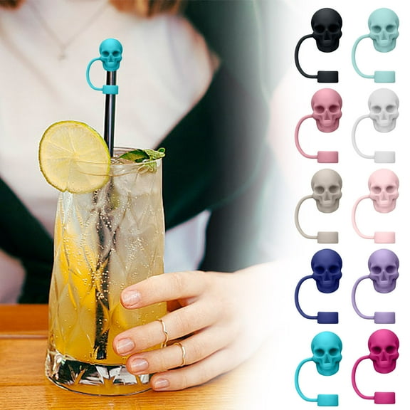 Halloween Skull Silicone Straw Topper for Cup, Food Grade Silicone Straw Sleeve Cover, Dustproof Straw Cap for Ice Tumblers, Spill-Proof Straw Topper for Travel Coffee Mugs Home Use, H