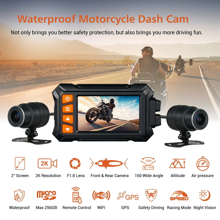 ZOMFOM MD30 Dual 2K 30fps/1080P 60fps Motorcycle Camera, All Waterproof  Dash Cam 3'' LCD Front and Rear 150° Wide Angle with Wired Remote, Wi-Fi,  GPS, 