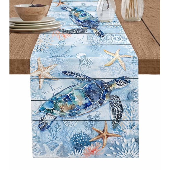 ERUNPONLY Blue Turtle Coastal Table Runner - 72 Inch Long Summer Beach Nautical Starfish Cotton and Linen Blended Dress Scarves Farmhouse Table Runner for Kitchen Dining, Coffee Table, 18" x 72"
