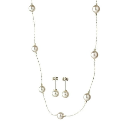 Swarovski Necklace Earring - Sterling Silver Chain Simulated Pearl Station Necklace Earrings Made with Swarovski Crystals, 16