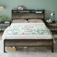 thumbnail image 3 of VanAcc Queen Size Bed Frame with 2-Tier Metal Storage Headboard and Charging Station, Rustic Grey, 3 of 8