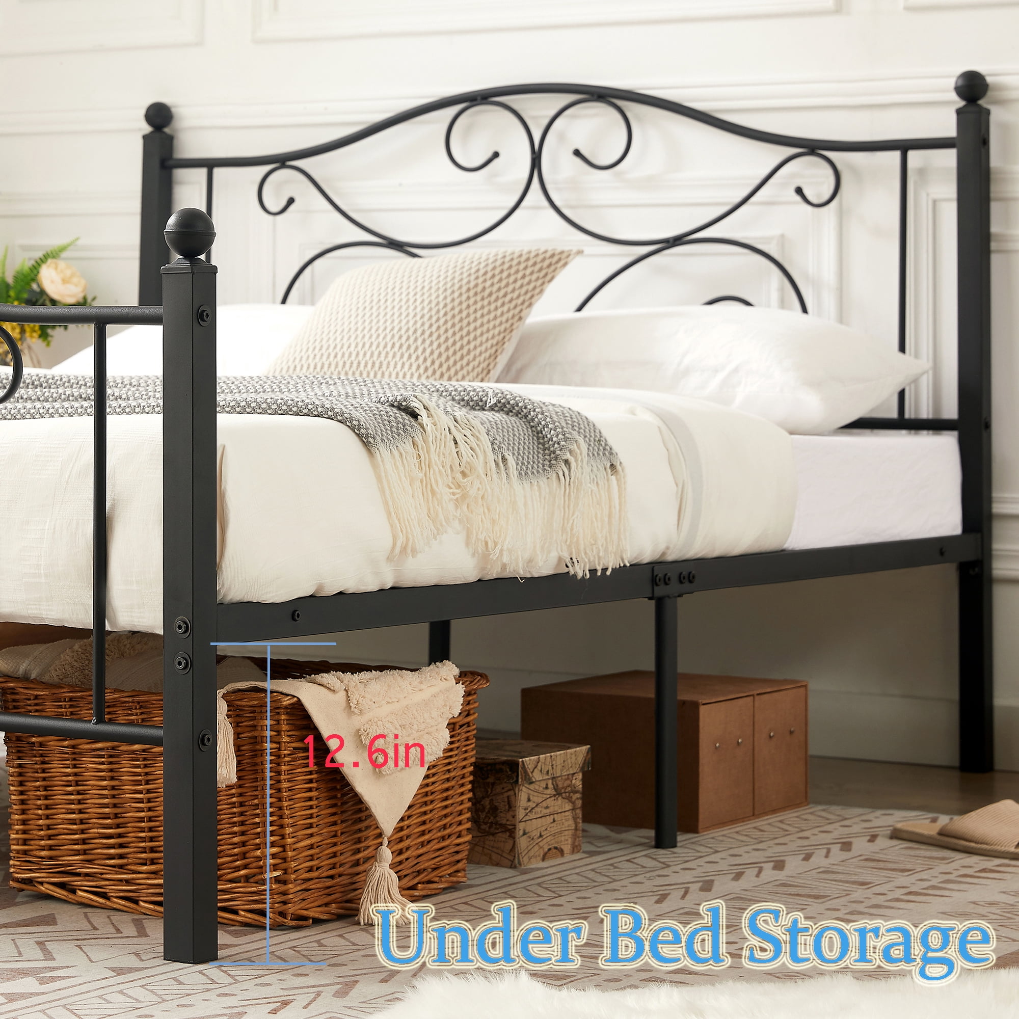 VECELO Metal Platform Bed Frame with Victorian Headboard and Footboard, Full Size, Black