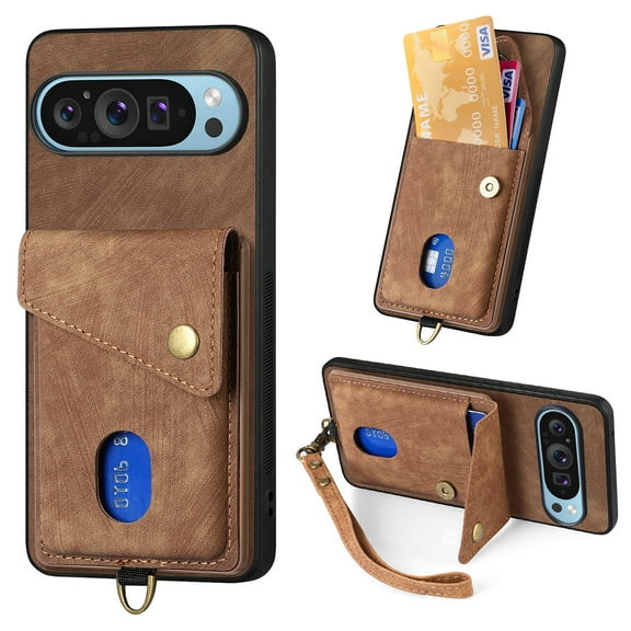Wallet Case for Google Pixel 9 Pro XL, Retro Premium Leather Credit Card Holder RFID Blocking Case with Wrist Strap Stand Magnetic Clasp Flip Anti-Scratch Cover For Google Pixel 9 Pro XL,Brown