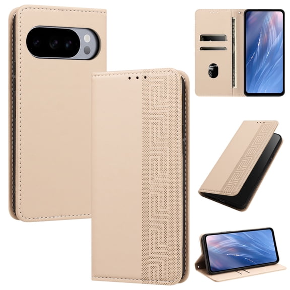 Magnetic PU Leather Wallet Case for Google Pixel 10 Pro / 10 / 9 Pro / 9, RFID Blocking Flip Phone Cover with Wrist Strap Card Slots Cash Pocket Kickstand Full Body Protection, Beige