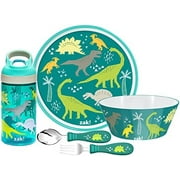 5-Piece Dinnerware Set, Dinosaur - Durable Plastic & Stainless Steel - Includes Water Bottle, 8-Inch Plate, 6-Inch Bowl, Fork & Spoon - Suitable for Kids Ages 3+