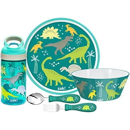 5-Piece Dinnerware Set, Dinosaur - Durable Plastic & Stainless Steel - Includes Water Bottle, 8-Inch Plate, 6-Inch Bowl, Fork & Spoon - Suitable for Kids Ages 3+