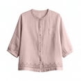 thumbnail image 4 of Ayolanni 3/4 Sleeve Summer Women Blouses Scoop Neck Button Down Cotton Linen Solid Blouse Pockets Oversized Textured Tees Spring Tops for Women Pink XL, 4 of 7