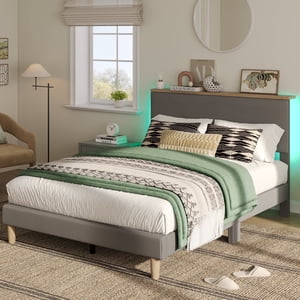 Bestier Full Size Bed Frame with LED Light, Grey Corduroy