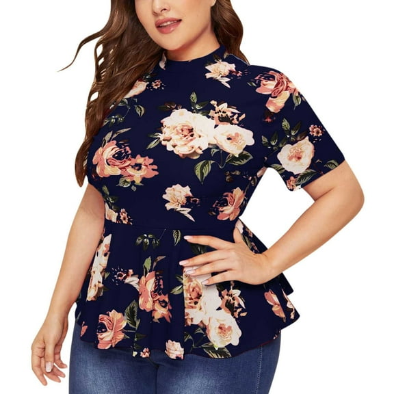 Fesfesfes Plus Size Tops for Women Short Sleeve Tops Crewneck Tummy Control Ruffle Hem T-shirt Casual Floral Printed Graphic Tees Leisure Blouse Tops