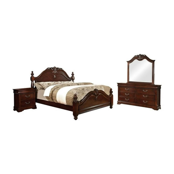 FOA Ruben 4pc Cherry Wood Panel Bedroom Set - Cal King Nightstand Dresser Mirror