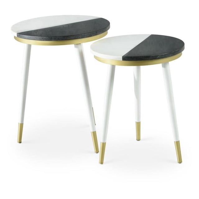 Taj Ensemble de 2 Tables d'Appoint Rondes avec Dessus en Marbre Noir et Blanc