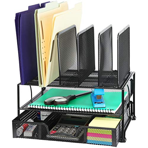 Details about   SimpleHouseware Mesh Desk Organizer with Sliding Drawer Double Tray and 5 Uprig 