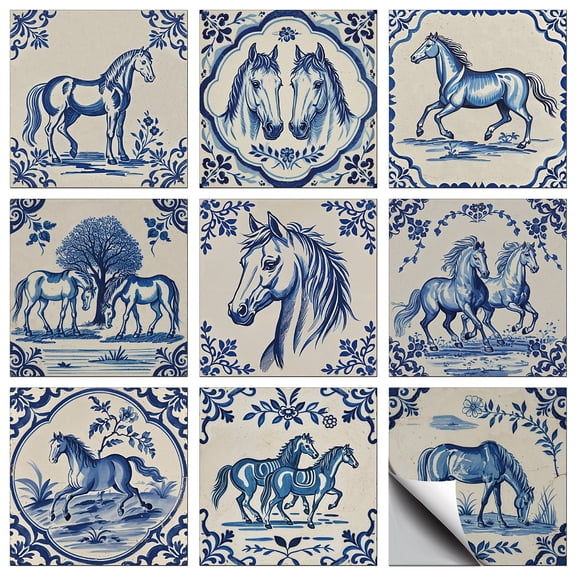 36 Pcs 9 Styles Vintage Horse Patten Tile Sticker Blue and White Porcelain Style Wall Tile Stickers Waterproof Self Adhesive Stick on Decals