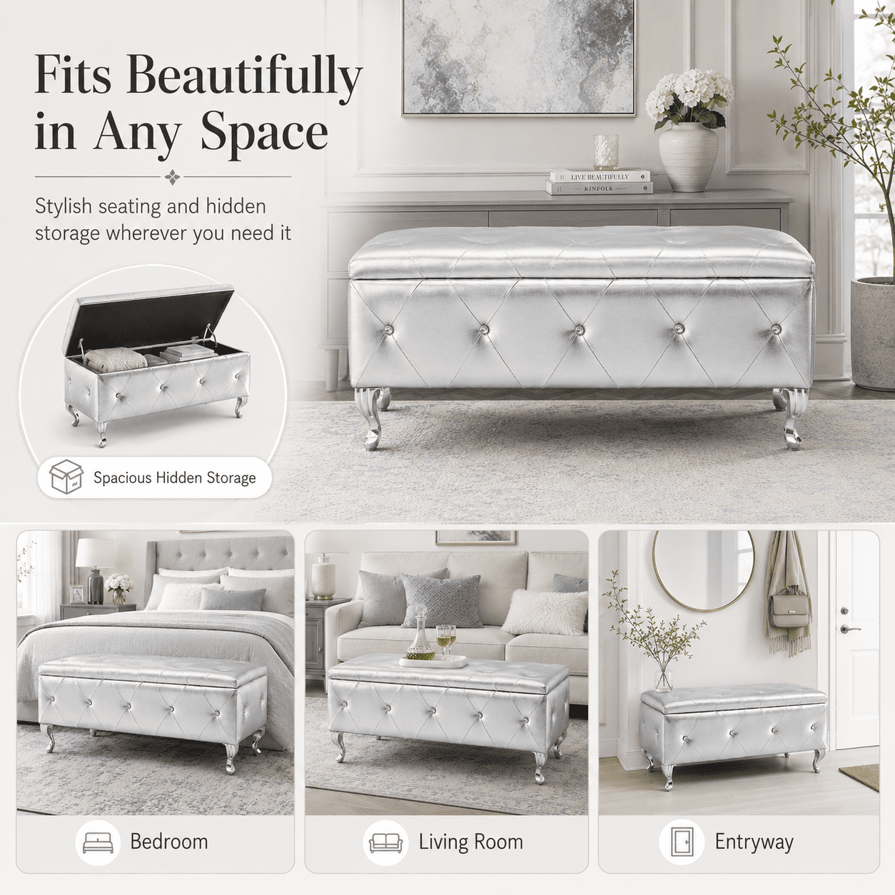 Aukfa 38" Upholstered Storage Ottoman Bench with Hidden Storage, Crystal Tufted Faux Leather Bed Bench, 380 lb, Silver