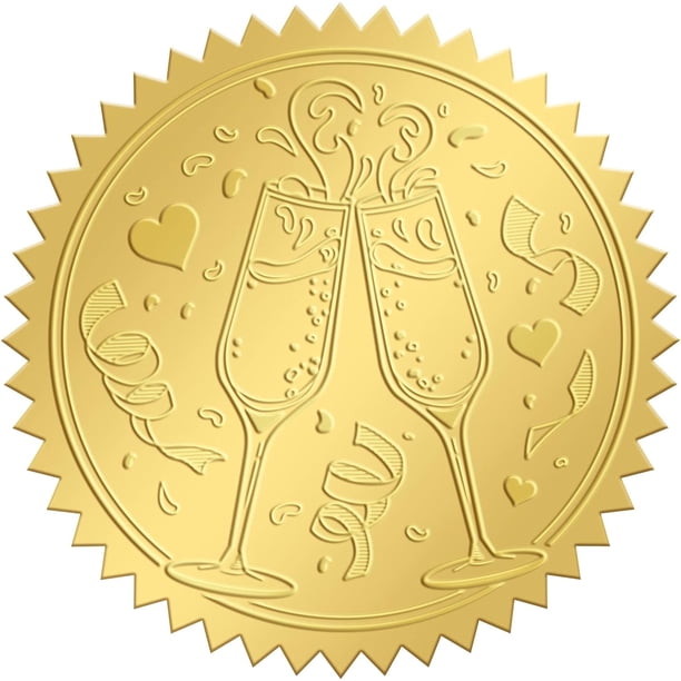 Sellos adhesivos redondos de 2 pulgadas con relieve dorado para sobres de copas de vino, 100 unidades.