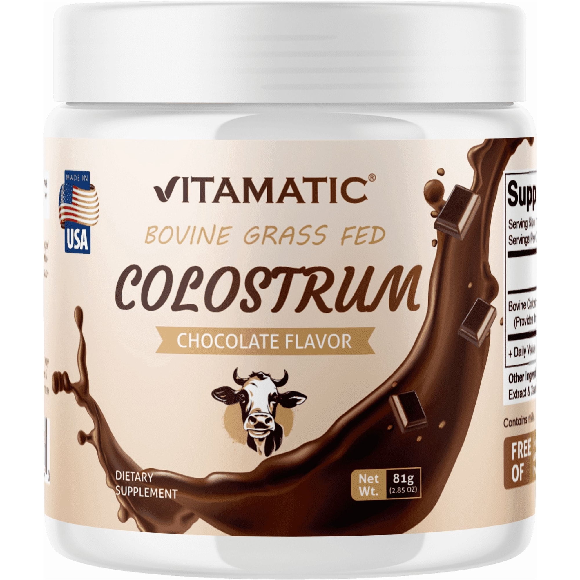 Vitamatic Bovine Colostrum Powder - Supplement for Gut Health, Hair Growth, Beauty, Muscle Recovery, & Immune Support - Easy to Mix - 30 Servings (Chocolate)