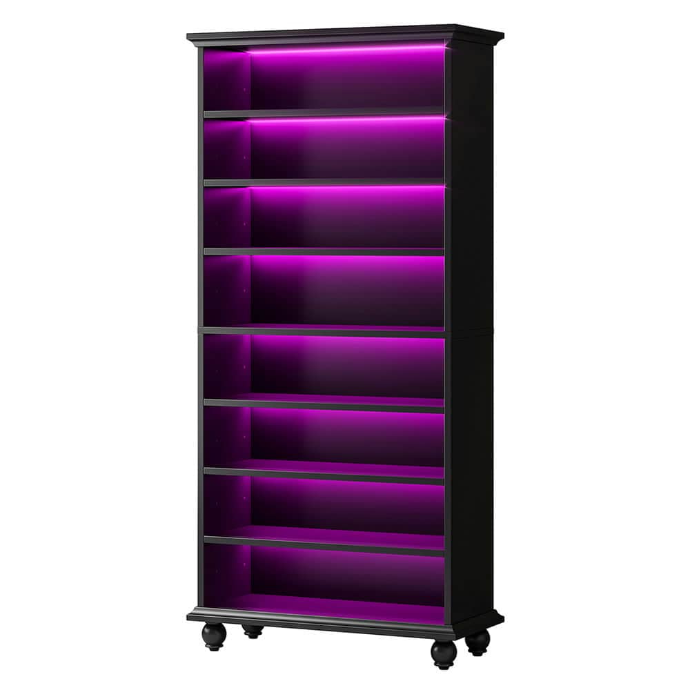 Spaco 9-Tier Bookcase Wood Bookshelf, Sturdy Bookcase with LED Lighting & Solid Wood Legs for Indoor as Home, Black