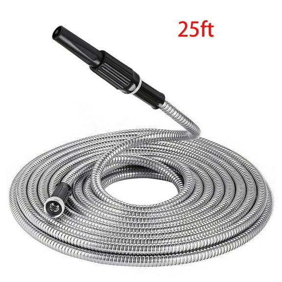 Silver 25ft T-304 Stainless Steel Garden Hose with Free Nozzle, Flexible Lightweight Metal Hose
