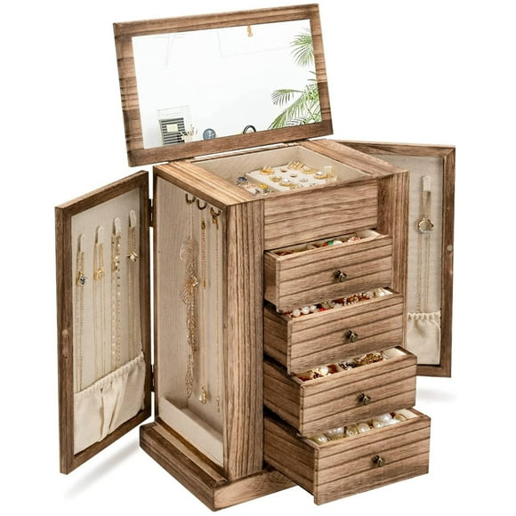 Boîte à Bijoux pour Femmes, Grandes Boîtes en Bois à 5 Niveaux et Organisateurs pour Colliers, Boucles d'Oreilles, Bagues, Bracelets, Organisateur Rustique avec Tiroirs et Miroir
