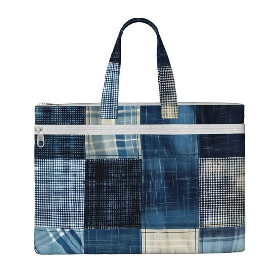 Honeii Indigo Patchwork Quilt Print Canvas Tote Bag with Compartments Laptop Tote Bag Large Tote Bag