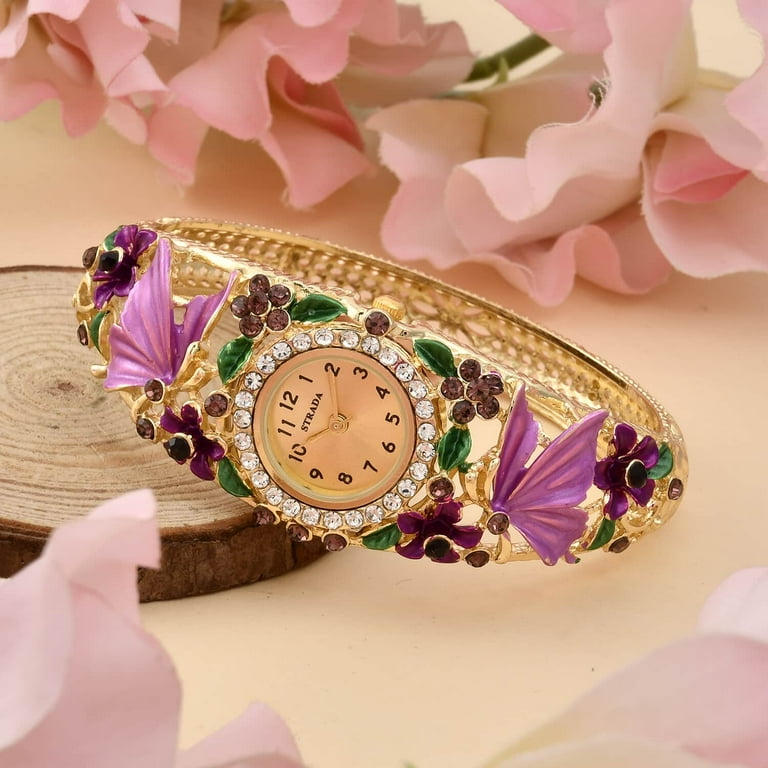 Pink Butterfly Watches for Women Strada Crystal Japanese Movement Water Bangle Watch in Gold Plated with Stainless Steel Back Wrist Jewelry Fashion