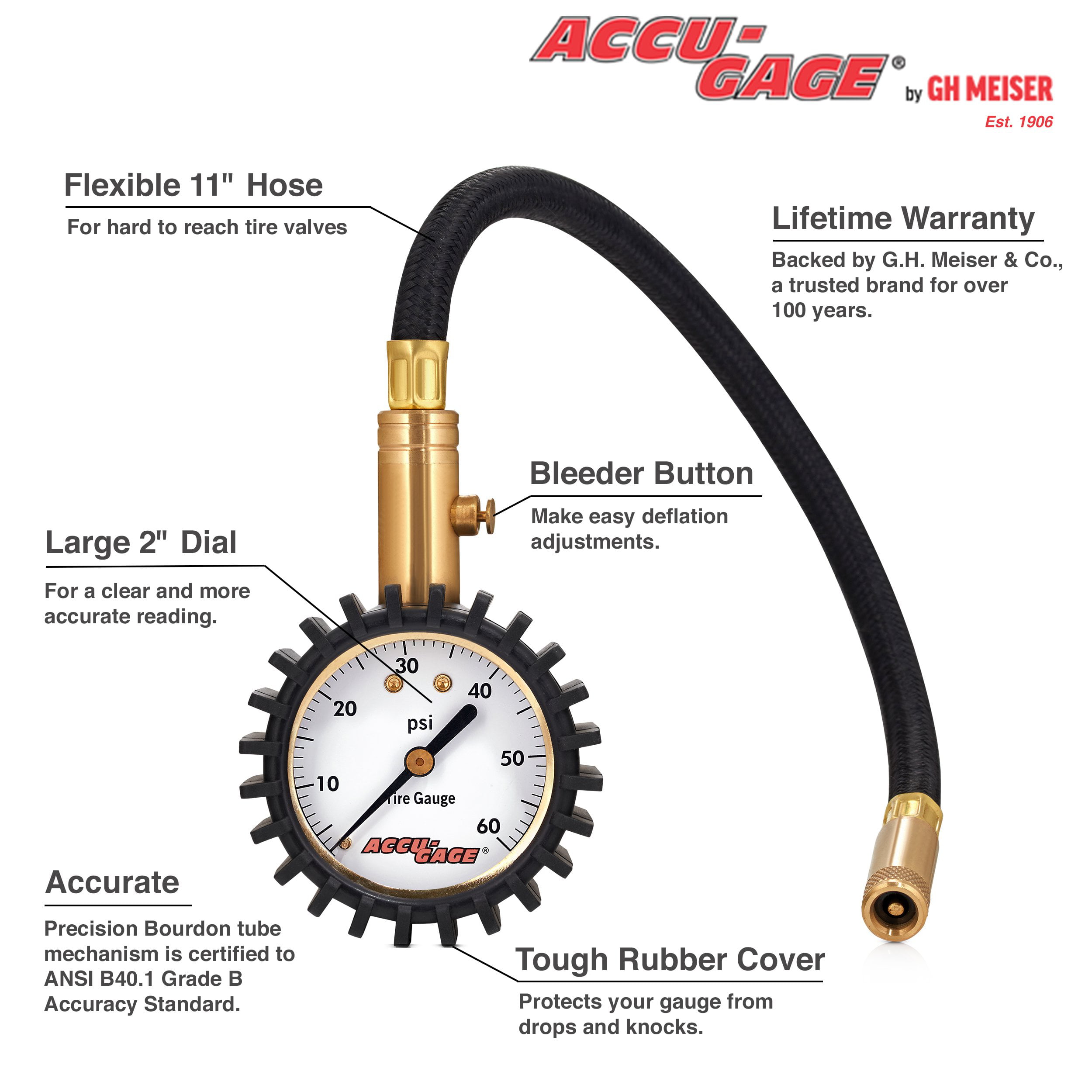 30psi Accu-Gage Low Pressure Tire Gauge with Protective Rubber Guard Straight Chuck 