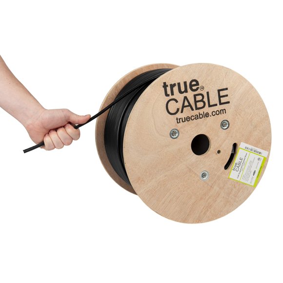 trueCABLE Cat6A Shielded Riser (CMR), 1000ft, Black, 23AWG Solid Bare Copper, 750MHz, PoE++ (4PPoE), ETL Listed, Overall Aluminum Foil Shield (F/UTP), Bulk Ethernet Cable