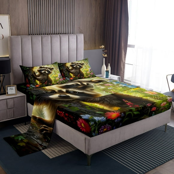 Erosebridal Kawaii Raccoon Bed Sheets Twin For Teens,Safari Wildlife Bedding Sets Twin Size,Flower Decoration,Lightweight,3pcs